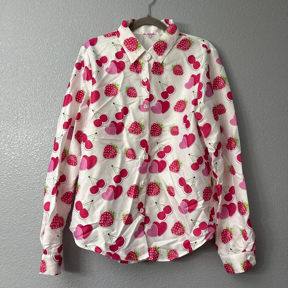 Women's Cherry and Strawberry Print Button Up Blouse